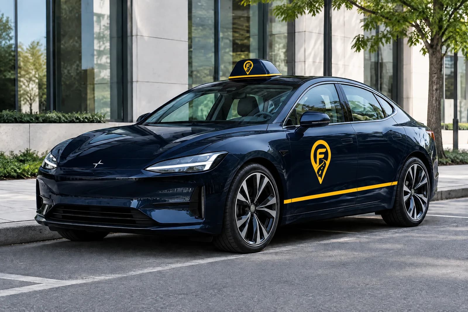 FazRyde-taxi in Faz Midnight met gele accentlijn en het FazRyde-symbool op de deur